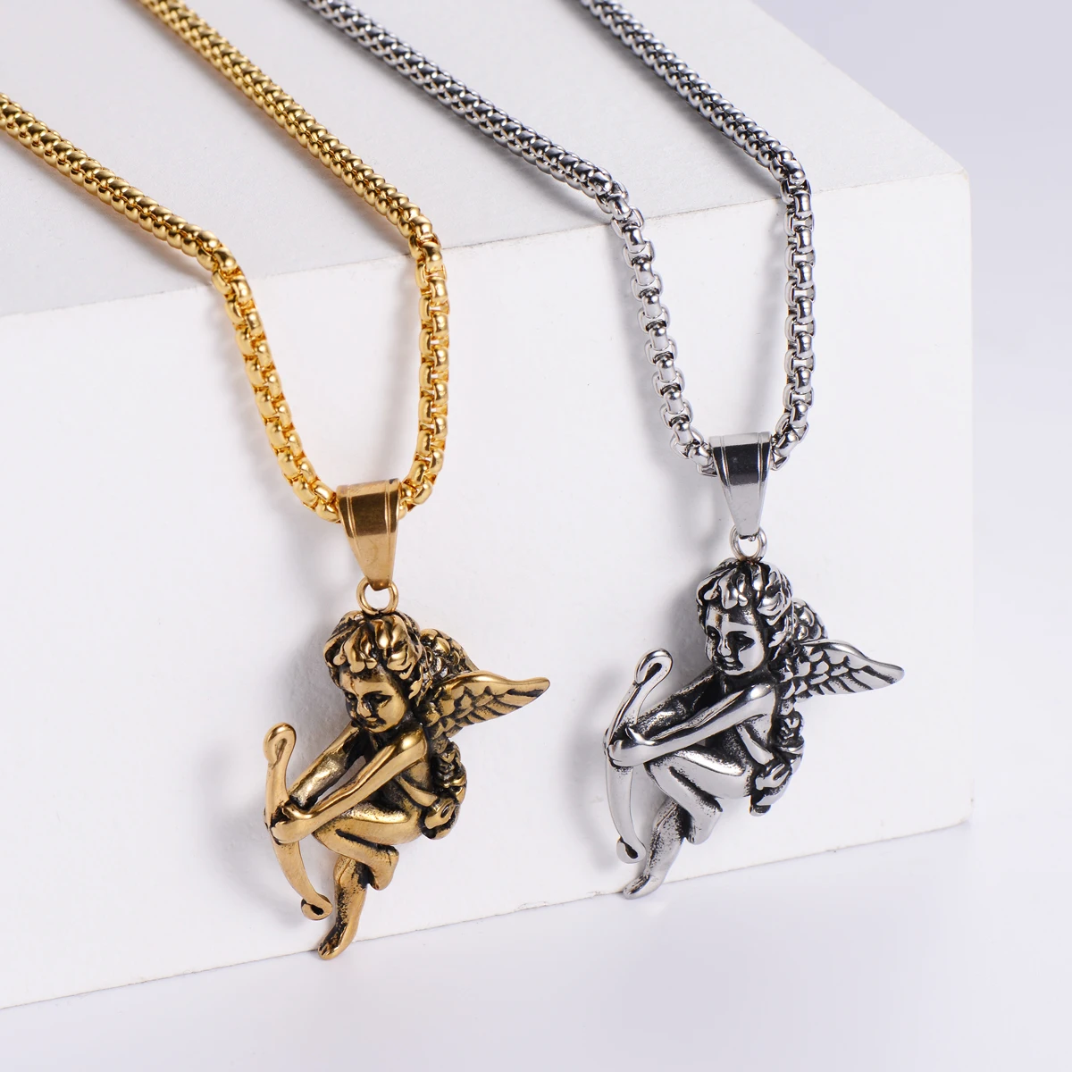 New Pattern Cherub Wings Stainless Steel Pendant Necklace Shoot Cupid Love God Gold Color Hip-hop Male Charm Collar Long Chain