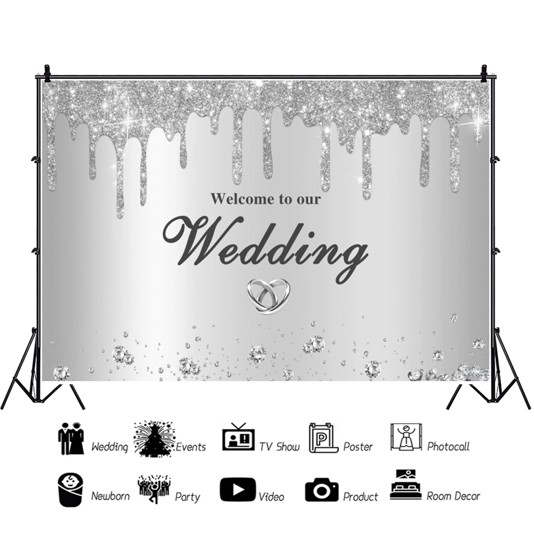 Welcome To Our Wedding Party Poster Stage Backdrop Glitter Silver Cinema Theme Wedding Decoration Photography Background Studio