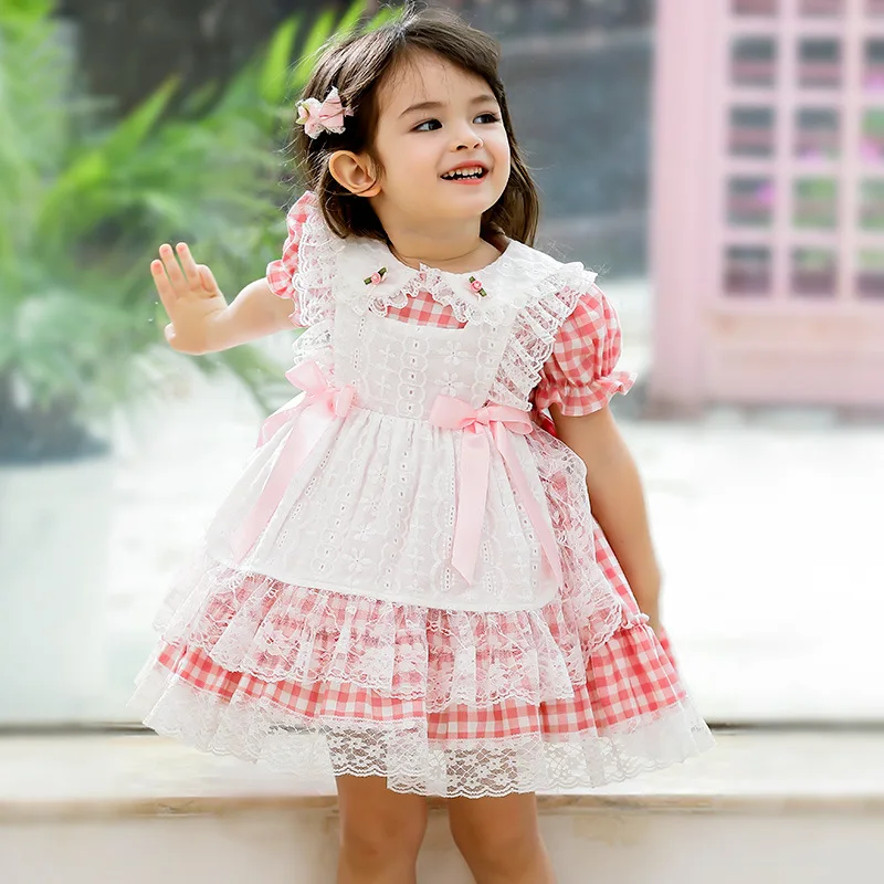 Boutique Baby Girls Summer Princess Dress Toddler Cotton Lace Plaid Lolita Children\'s Chothes for Party Vestidos