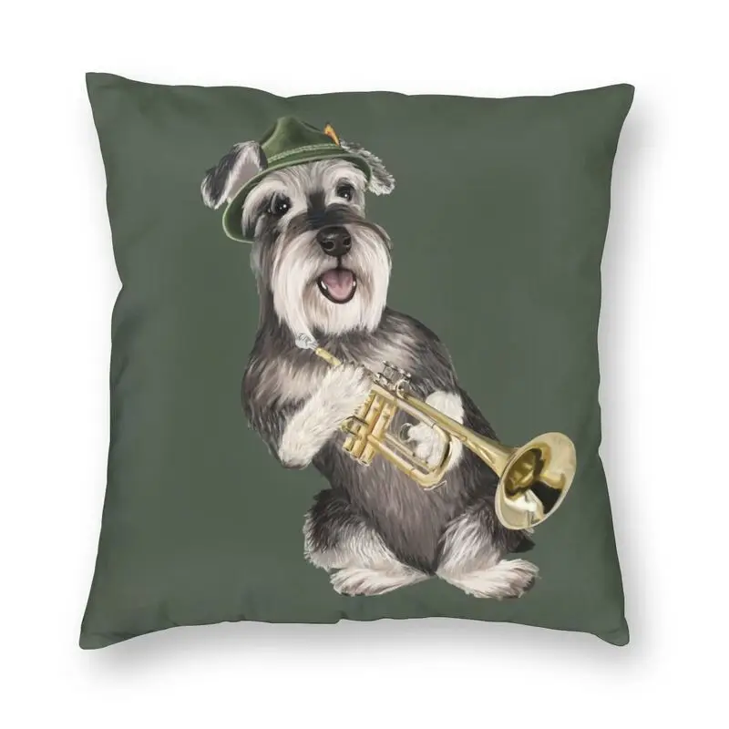 Personalized Miniature Schnauzer Dog Playing The Trumpet Pillow Case DecorationTwo Side Printing Animal Cushion Cover for Car