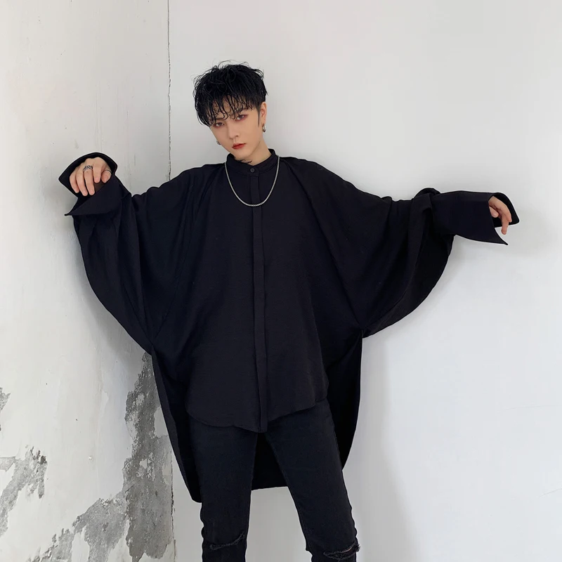 Men Bat Long Sleeve Stand Collar Party Dress Shirts Male Japan Streetwear Hip Hop Loose Casual Black White Stage Show Shirt