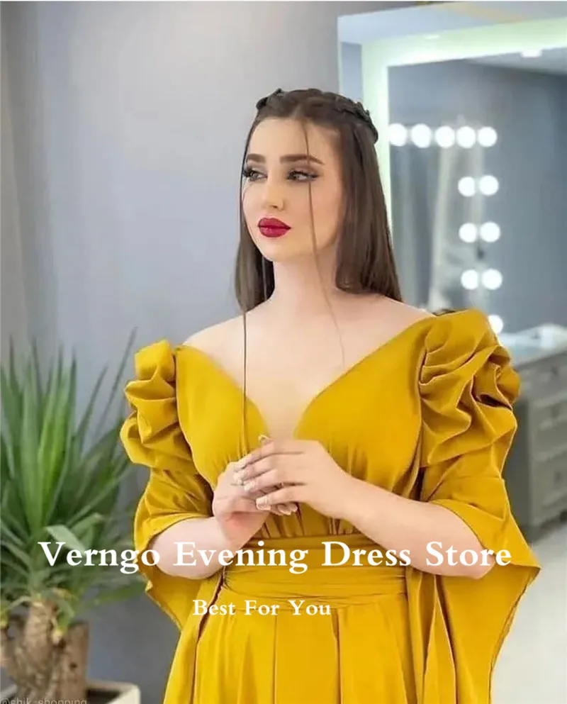 Verngo Gaun Prom Panjang Chiffon Wanita Arab Saudi Gaun Malam Panjang Lengan Panjang Puff Leher V Gaun Formal Ukuran Plus