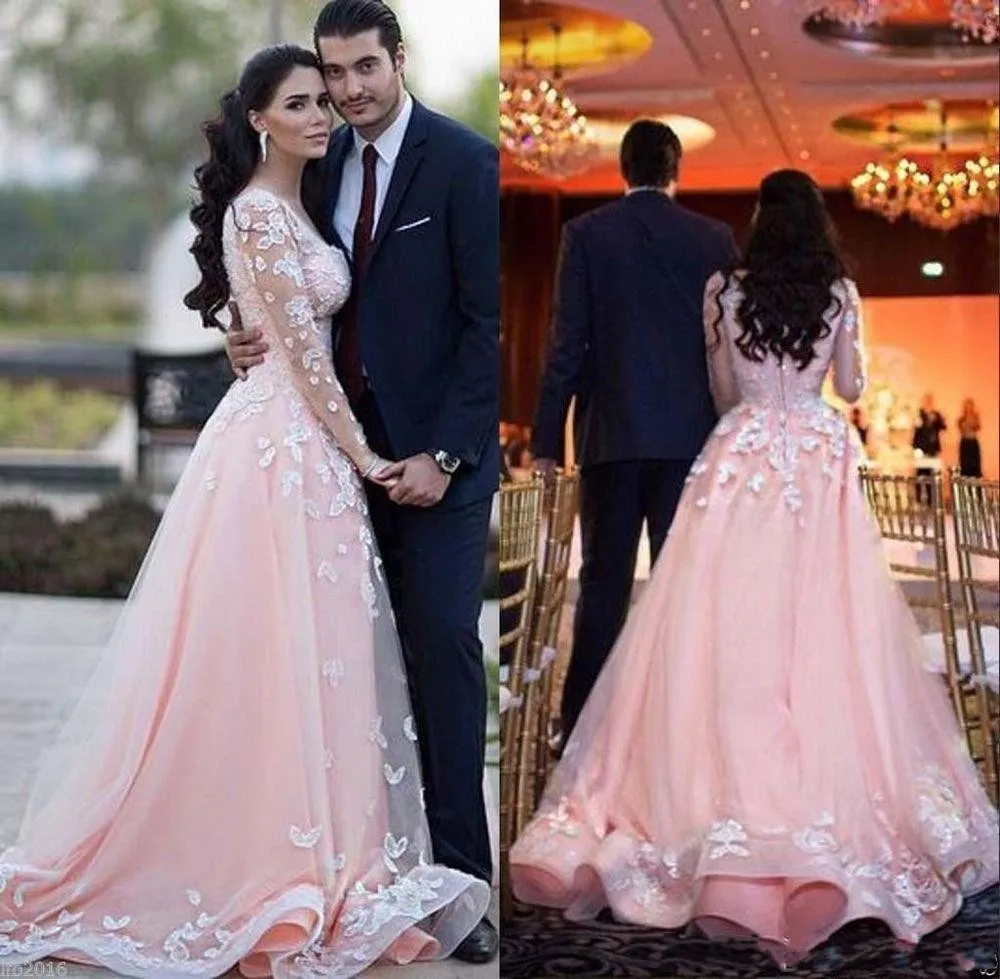 

New Sheer Long Sleeves Arabic Prom Dresses Scoop Lace Appliques Pink Tulle Formal Evening Gowns Robe De Soiree