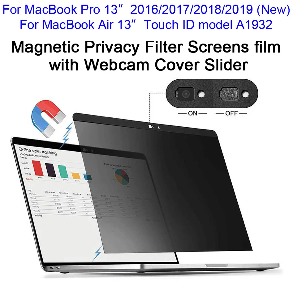 

Magnetic Privacy Filter Screens film with Webcam Cover Slider For 2016/2017/2018/2019 New MacBook Pro 13, Touch ID Air 13" A1932