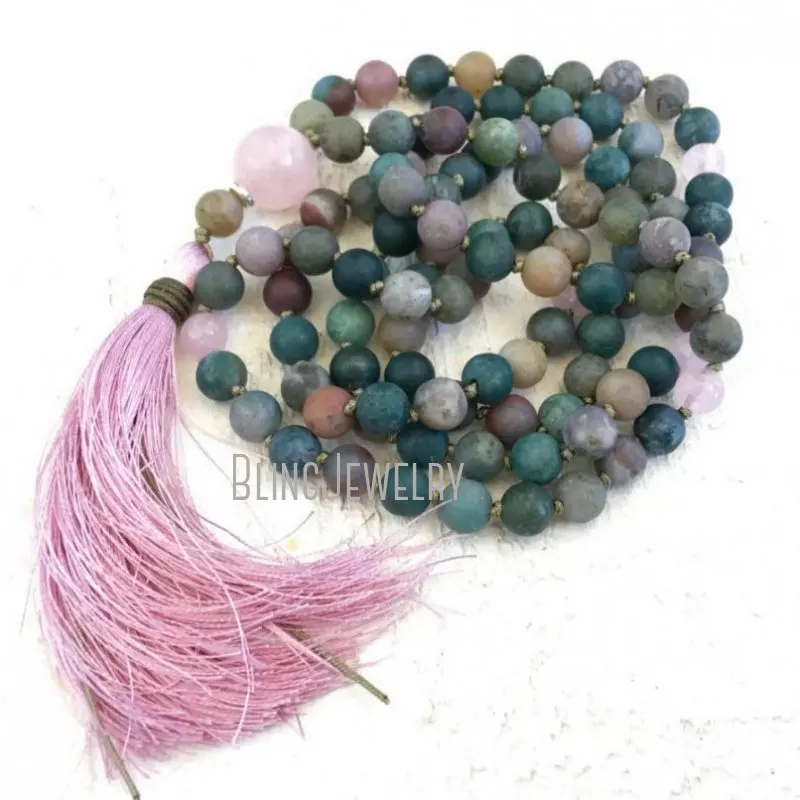 MN21273 Indian Agate Mala Beads Protection Hand Knotted 108 Bead Necklace Rose Quartz  Yoga Gifts Natural Healing 