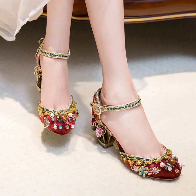 Sweet Flower 6.5cm Cage Carved Heel Sandals Blue Red Black Velvet Ankle Strap Gemstone Pearl Embroidery Mary Janes Wedding Shoes