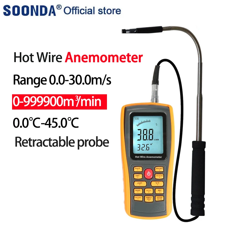 Ventilation duct Hot Wire Thermo Anemometer Wind Flow Velocity Meter with USB Interface  Retractable probe Thermal Anemometer