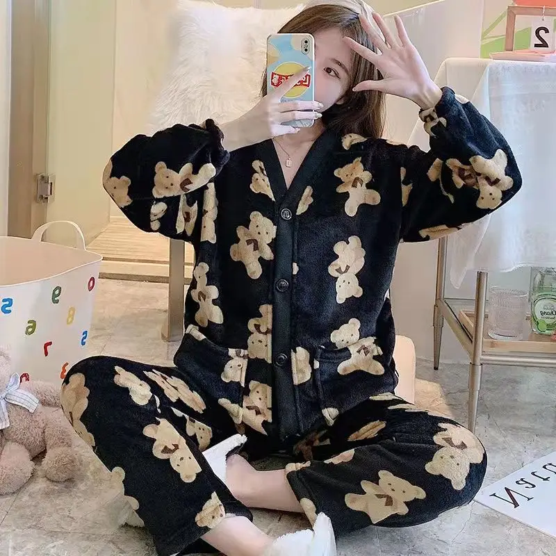 

Coral Fleece Women Pajamas Set Korean Style Bear Pattern Homewear V Neck Sexy Cartoon Pijama Girls Kawaii Nightsuit Mujer New