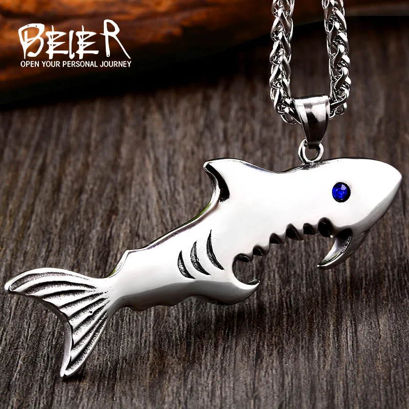 BEIER Stainless Steel Punk Style  shark animal Fish Pendant Corkscrew fashion Chain Necklace men/women Jewelry LHP094