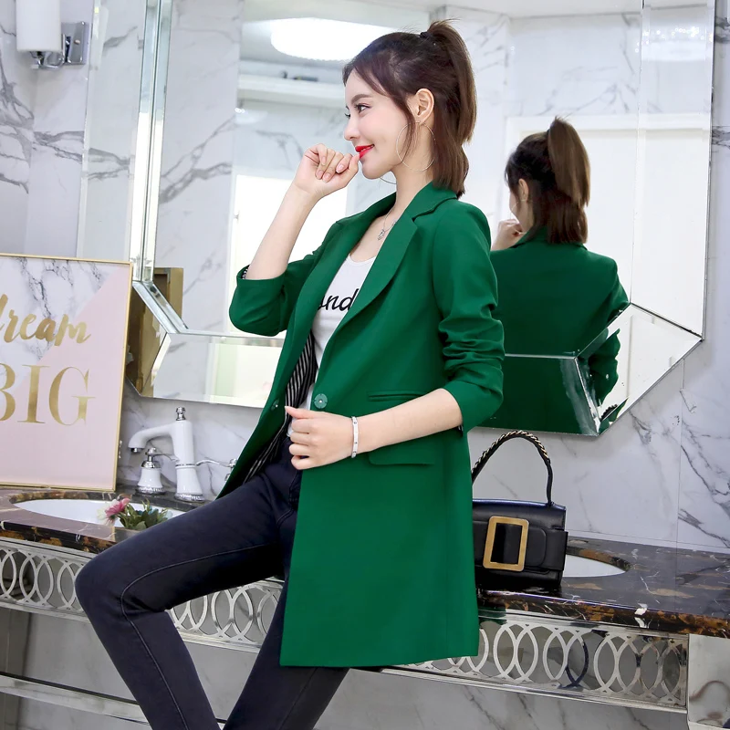 Chaqueta de traje informal para mujer, abrigo ajustado de manga larga con un solo botón, verde y negro, elegante, primavera y otoño