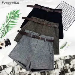 Outono inverno formal shorts feminino coreano cintura alta grosso com faixas largas perna shorts feminino cinza preto verde casual inferior