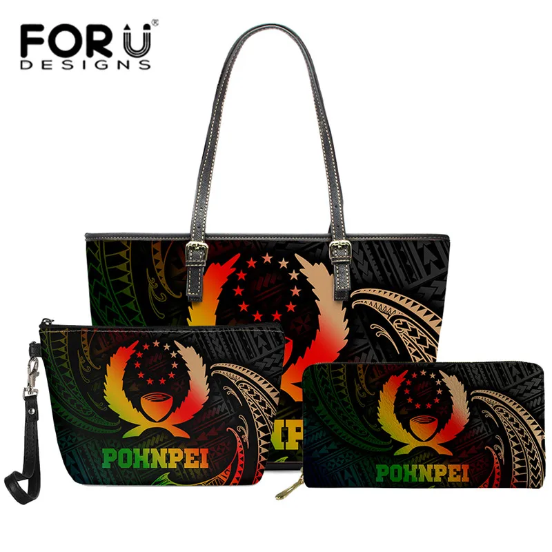 

Handbags 3pcs Pohnpei Tribal Polynesian Print Shoulder Tote Custom Pu Leather Woman Bags Set Handle Bags and Wallet for Ladies