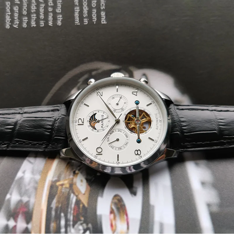 Parnis 43mm White Dial Automatic Men\'s Watches Moon Phase Calendar Men Wristwatch JHS35 Movement Mechanical Man Clock Box Gift