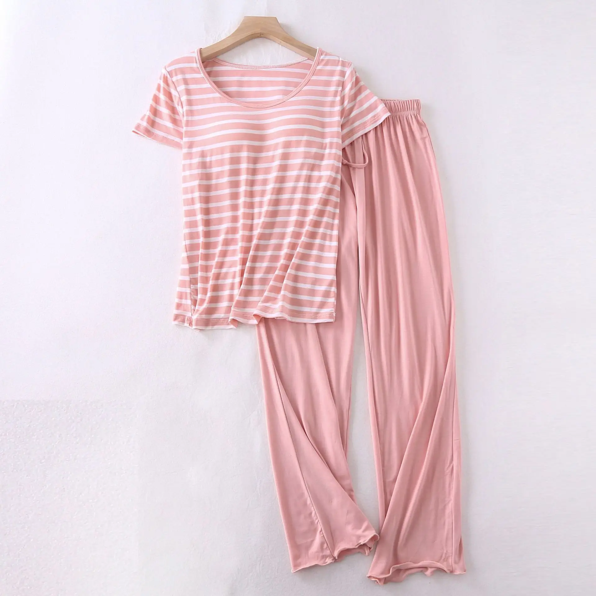 Summer Women Pijama Modal Striped Pyjama Femmes M-XXL plus size Women Sleepwear Short Sleeve With Chest Pad Pajama set