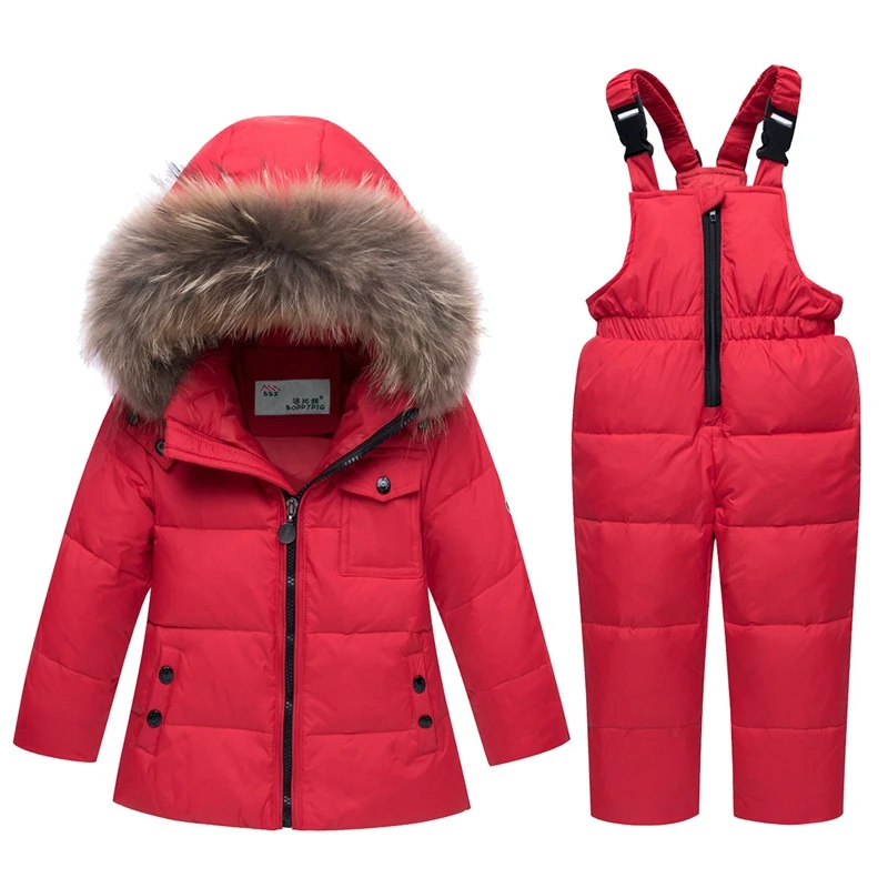 New Winter Boy Girl Ski suit Baby Winter Warm Clothes Sets  Snowsuit Children Fur Hooded Down Jacket Coat 5 Colors