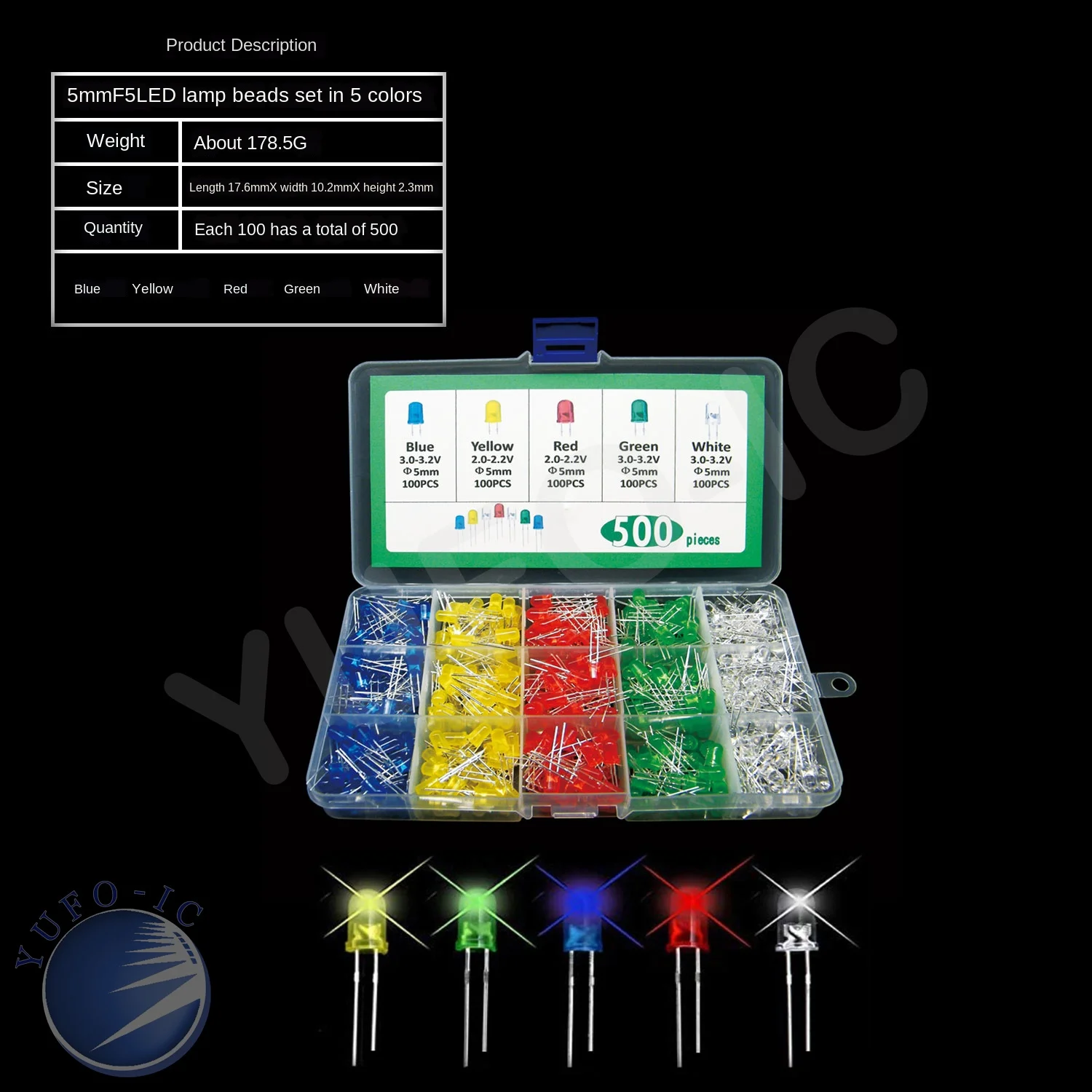 1 Box 500 Pcs 5mm LED = 5 Colour * 100PCS Yellow White Red Green Blue 5 Value Mix Color Led Diode High Bright Kit F5mm Assort