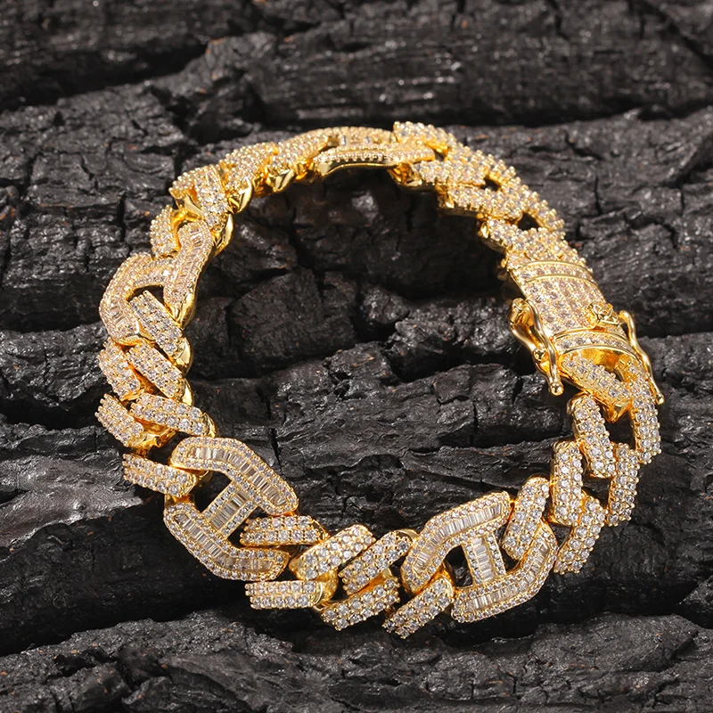 Hip Hop AAA Cubic Zirconia Bling Iced Out Square Cuban Link Chain Bracelets for Men Rapper Jewelry Gold Color