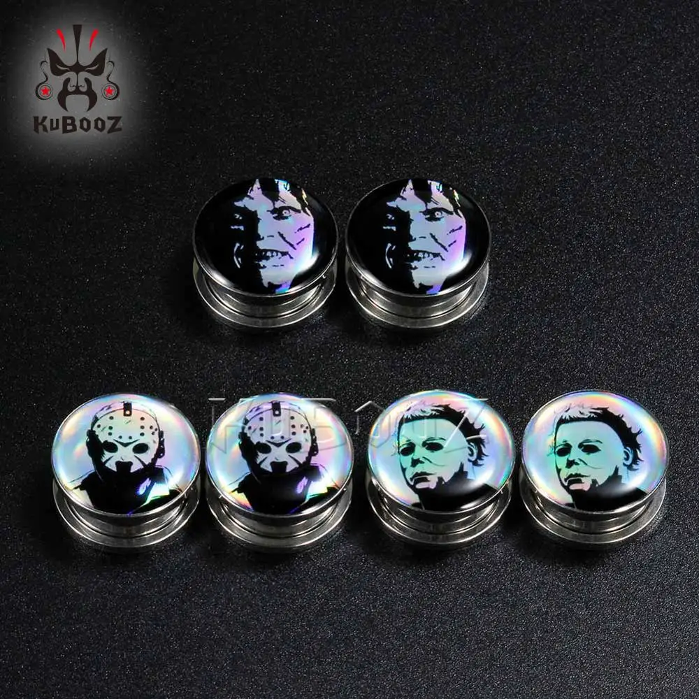 KUBOOZ Classical Character Picture Logo Ear Piercing Plugs Expanders Stainless Steel Stretchers Stud Body Jewelry Cool Gift 2PCS