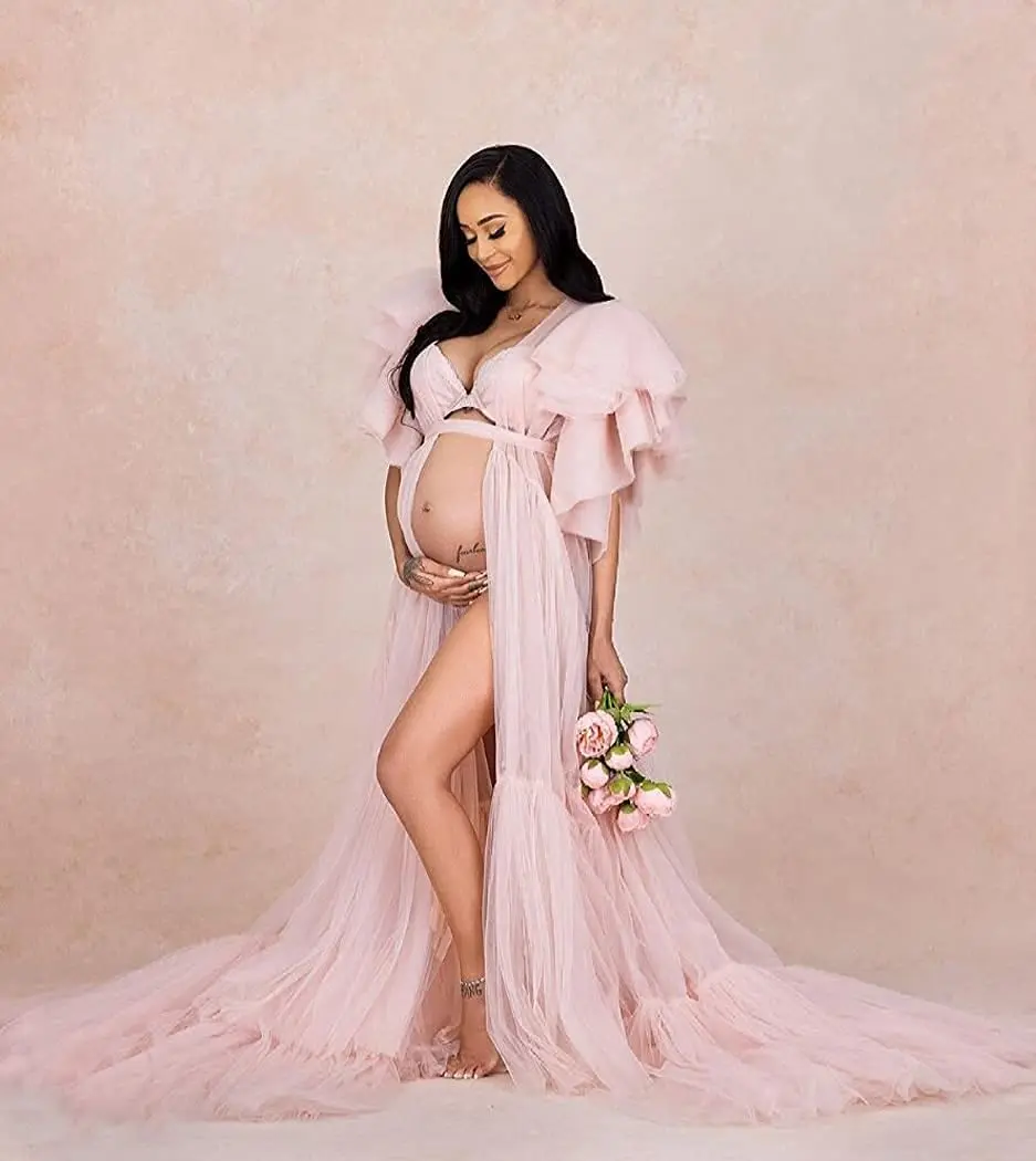 Materinty Photoshoot Pregnant Women Robe Bridal Shawl Corset Dress Puffy Sleeves Fluffy Multilayer Fotografie Gowns with Belt