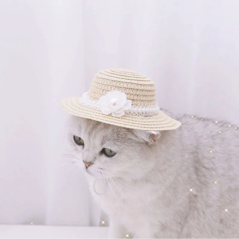 Lace Bow Pet Woven Hat Sunshade Cat Hat Adjustable Sombrero For Small Dogs and Cats Beach Party Straw Costume Accessories