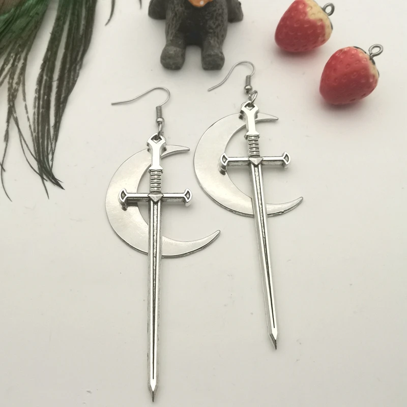 Swords Moon Earrings Witchy Warrior Pagan Viking Alternative Gothic Medieval Silver Color Classic Warrior Gift Women New