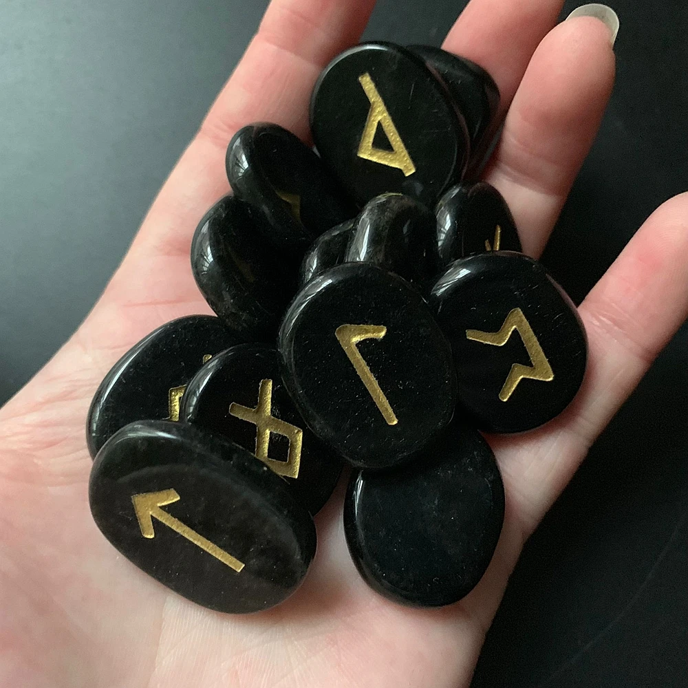 Natural Black Obsidian Palm Stones Viking Runes Amulet Divination Palmstone Crystal Nordic Runes Stones Set Symbols Crafts 25pcs