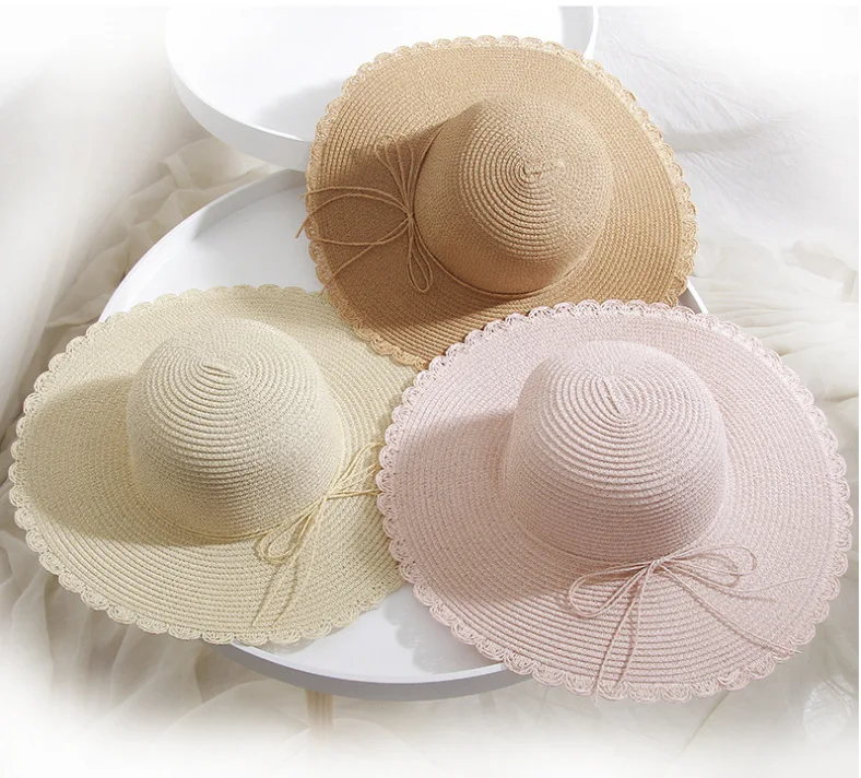 2020 New Summer Fashion Women's White Big Floppy Wide Brim Straw Hat with Bowknot Ladies Oversized Beach Sun Hats for Women Caps