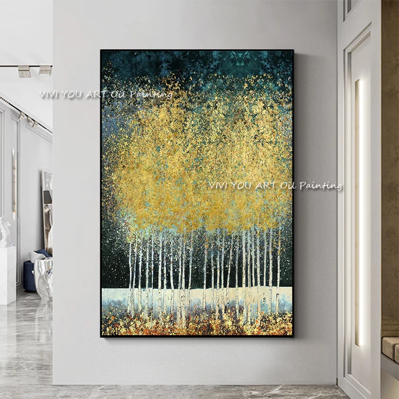 Large Abstract 3D Gold Thick Art Handmade Tree Oil Painting Canvas Wall Pictures Art Wall Artwork For Dining Room Decoration