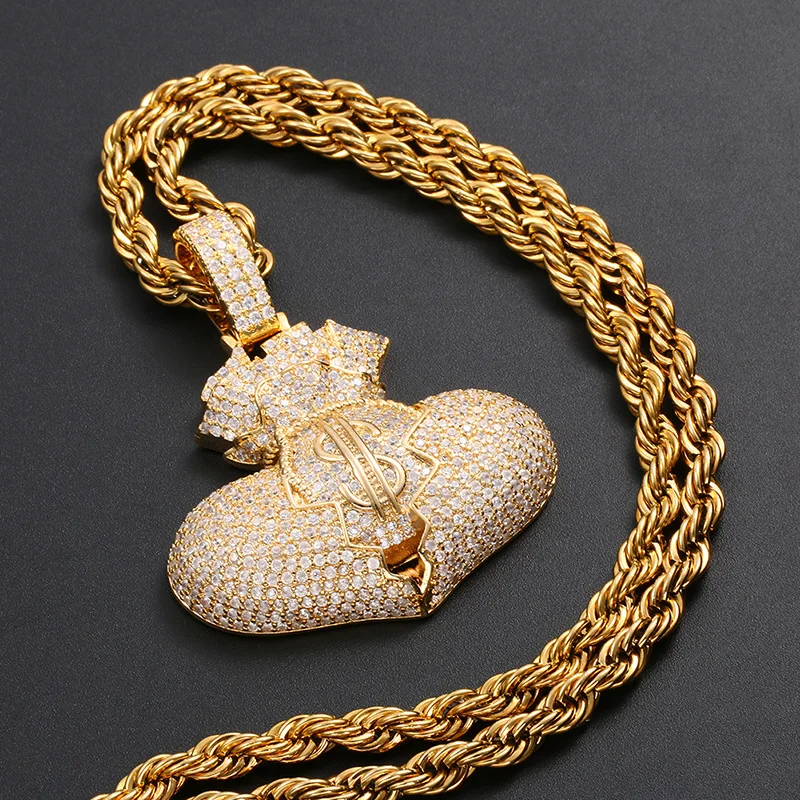 Hip Hop 5A+ Cubic Zirconia Paved Bling Iced Out US Dollar Money Bag Broken Heart Pendants Necklace for Men Rapper Jewelry Gift