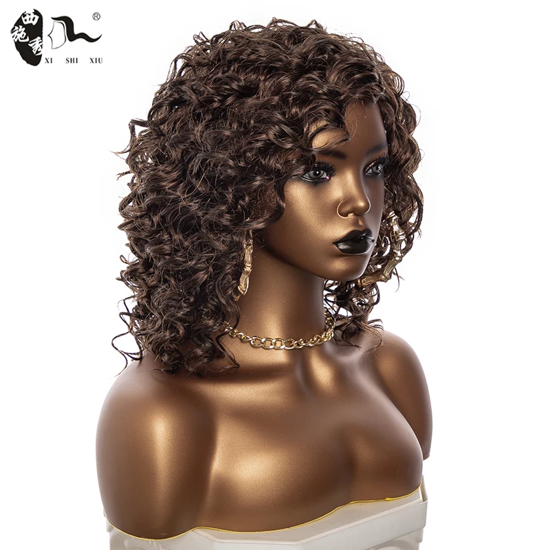 Short Brown Kinky Curly Synthetic Natural Wave Wig With Bangs For Black Women Cosplay Lolita Natural Glueless Wigs XISHIXIU HAIR