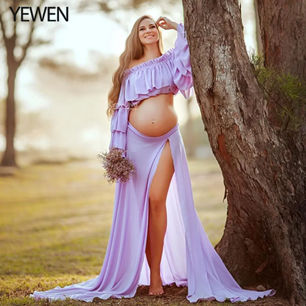 Gaun hamil lengan panjang dua potong sifon bahu untuk foto Baby Shower gaun properti fotografi mewah YW231003