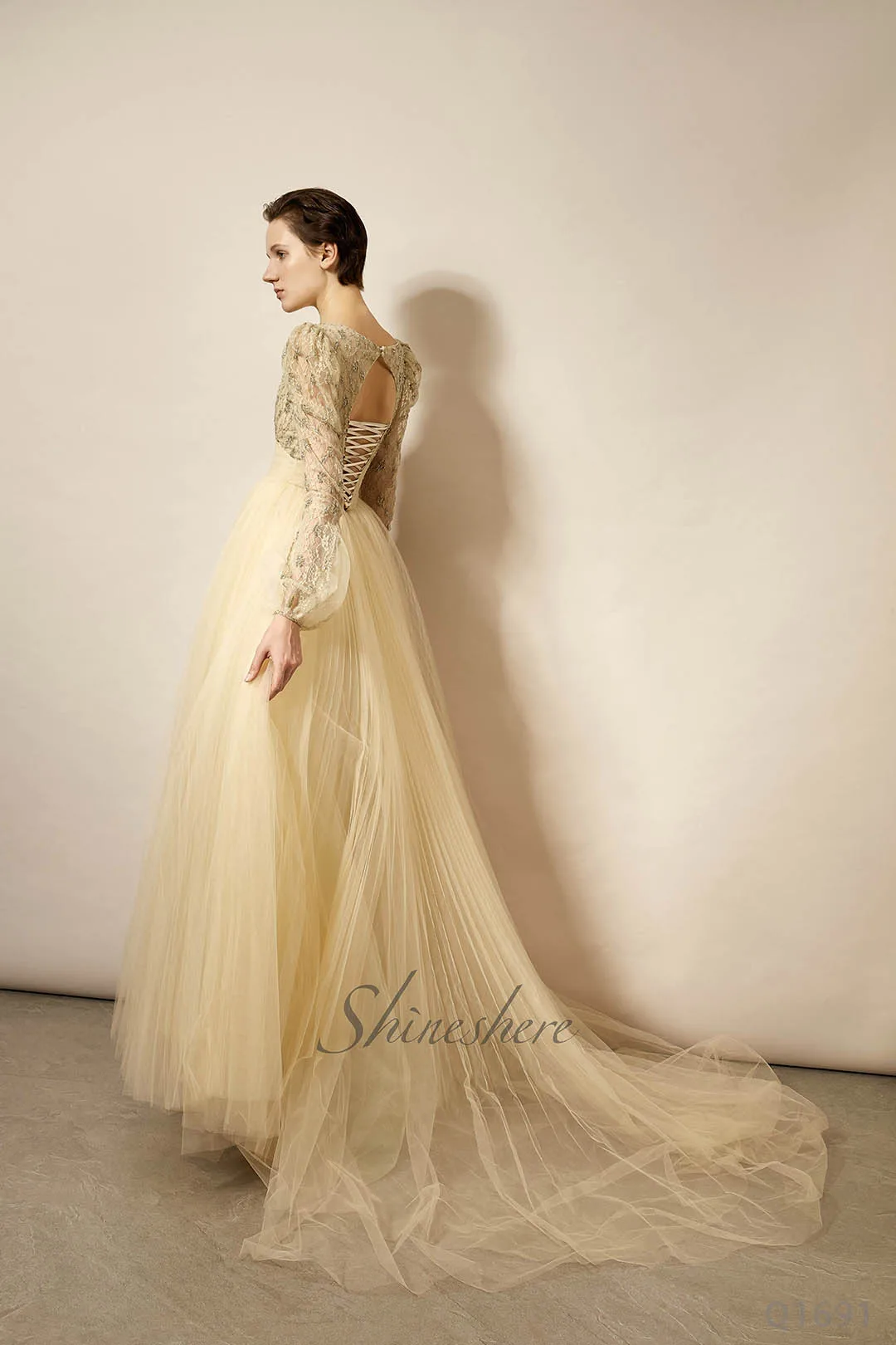 Jusere evening dress elegant party dress with puffy sleeves golden beads evening gown with sweep train