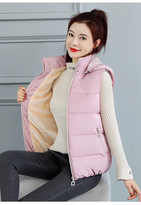 Gilet in cotone autunno inverno 2021 nuove donne peluche con cappello cerniera ragazze gilet per il tempo libero cappotto caldo all'aperto rosa