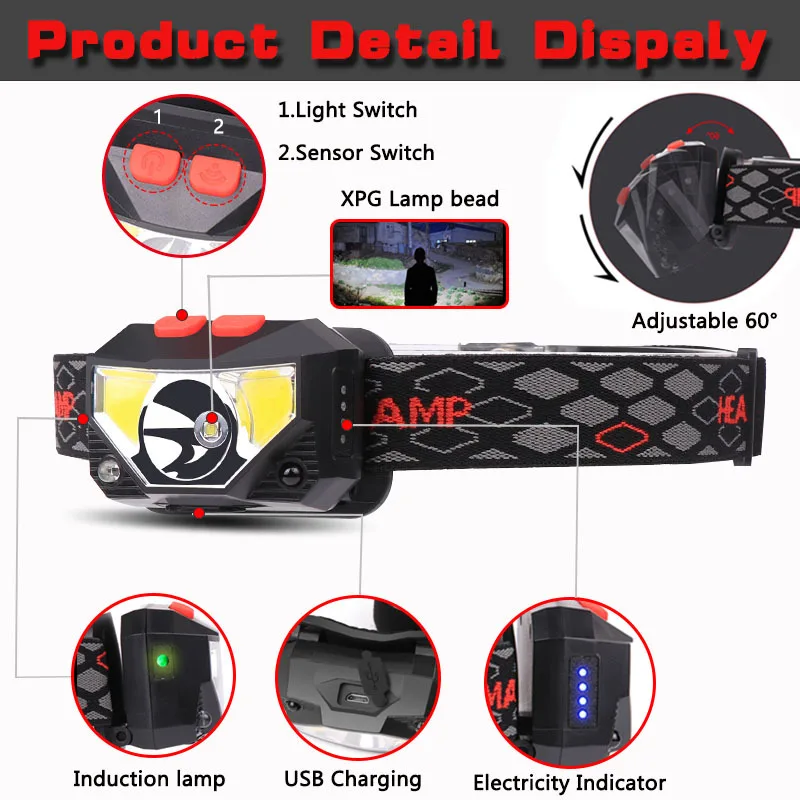 Faro delantero LED con Sensor de movimiento, linterna COB con 8 modos, potente, para Camping y pesca