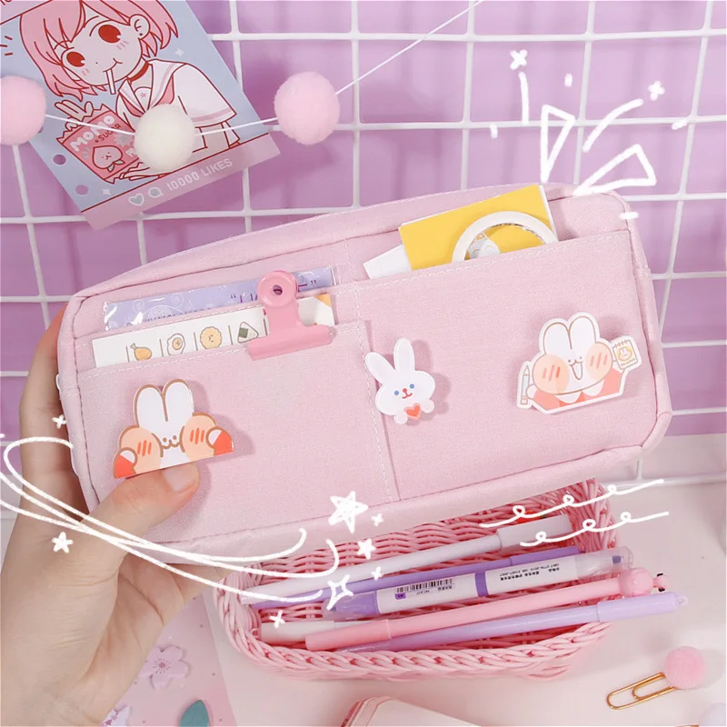 kawaii Large Pencil Case Stationery Storage Bags Canvas Pencil Bag Cute Makeup Bag School Supplies for Girl Kids Gift w/ Badge