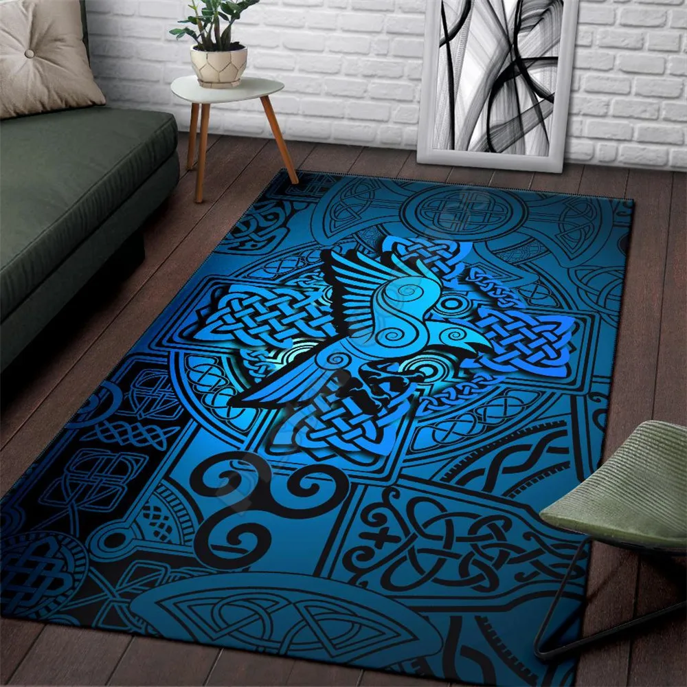 Viking Style Area Rug Raven Odin Celtic Cyan 3D Printed Rugs Mat Rugs Anti-slip Large Rug Carpet Home Decoration