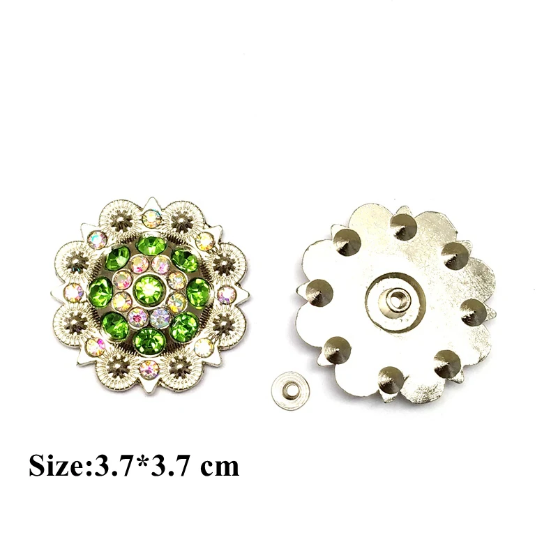 12pcs/Lot Green Color Rhinestone Decoration Metal Flower Conchos for Belt Accessories Wholesale Retail Custom Metal Accessories