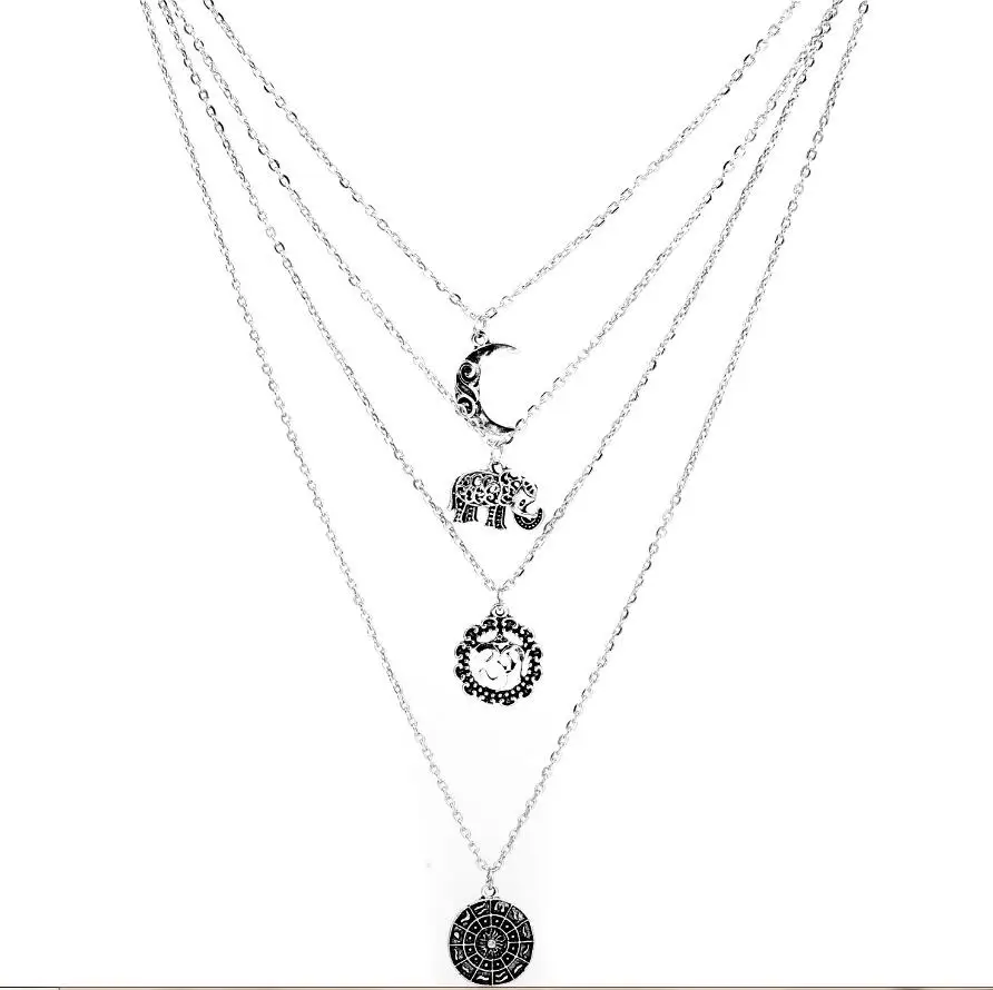 Collana bohémien luna elefante antico pendente Color argento catena lunga in lega girocollo dichiarazione collana collare S1917