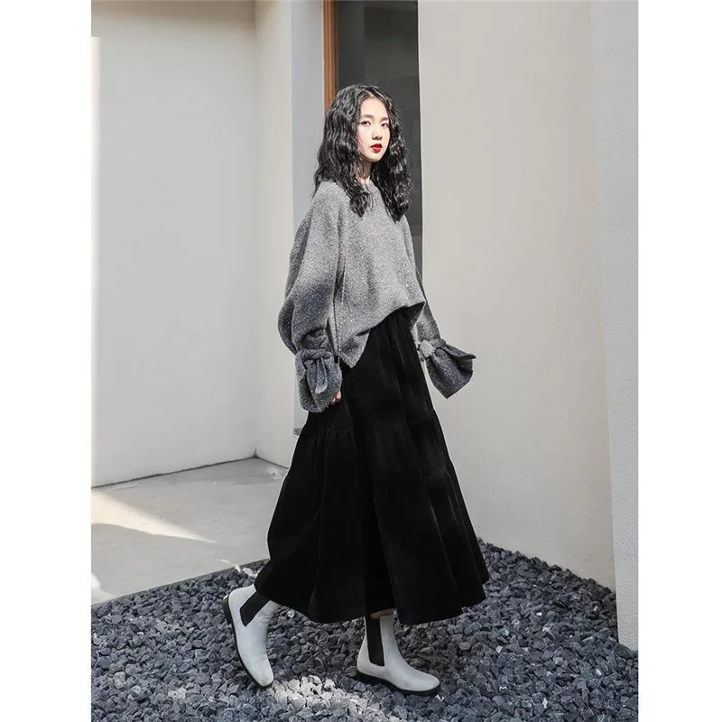 Velvet High Waist Long Skirt Women Autumn Winter Korean Black High Waist Pleated Skirt Vintage Korean Style Female Midi Saia