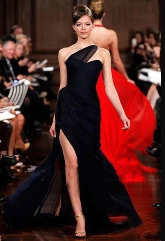 

Black Celebrity Dresses Sheath One-shoulder Chiffon Slit Sexy Famous Long Formal Red Carpet Dresses