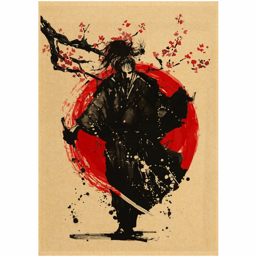 Japanese Samurai Posters Kawaii Kraft Paper Vintage Cartoon Wall Stickers Hoom Art Print Living Room Bar Cafe Decoration