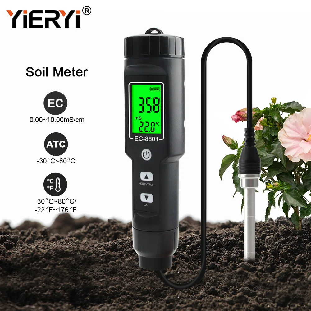 Yieryi Solo Tester Ferramentas, Tester Solo, Hand Digital Garden Meter, vasos de plantas, jardinagem, Agricultura Farm, CE, TEMP, 0-10.00 MS/cm