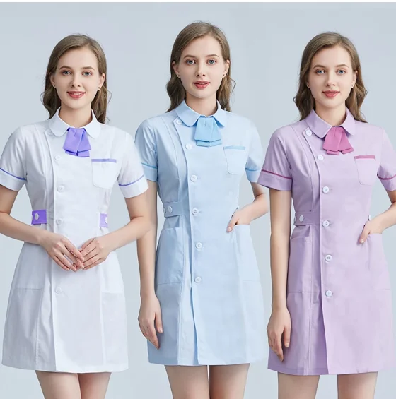 Ropa de esteticista de alta calidad, abrigo blanco y morado, ropa de trabajo para spa, bata de salón de belleza, ropa de trabajo experimental, uniforme esmerilado