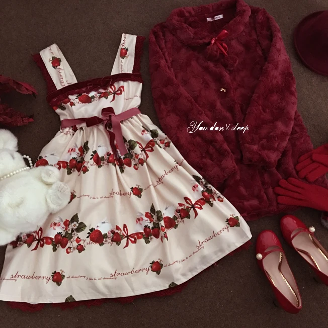 Abito dolce con cinturino lolita vintage fragola bowknot stampa carina vita alta principessa abito vittoriano kawaii ragazza gotica lolita