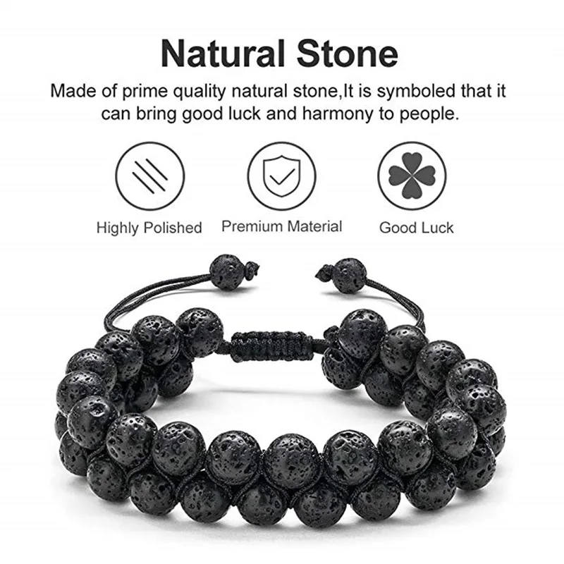 Mens Beads Bracelet 8mm Lava Rock Stone Bracelet Essential Oil Bracelets Adjustable Natural Stone Braided Rope Jewelry