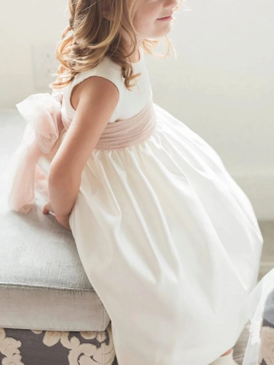 J7 – robe en Satin ivoire pour enfants, tenue mignonne à fleurs, col rond, longueur au sol, plissées, ceinture, jupe à boutons, livraison gratuite