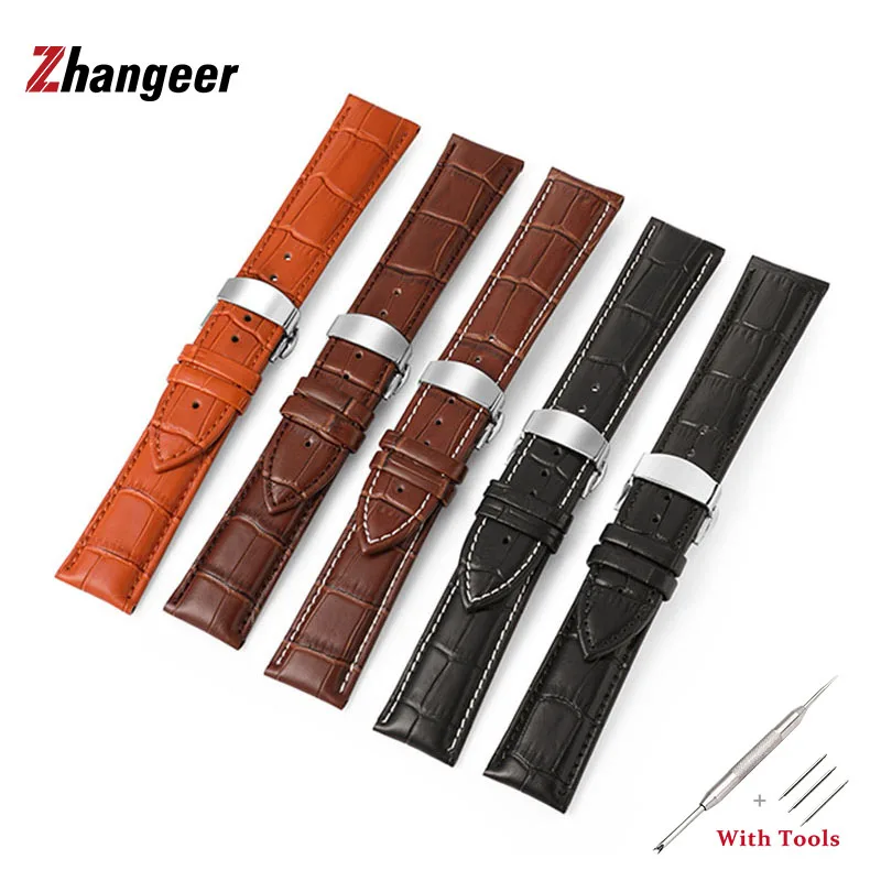 12mm-24mm Bamboo Leather Watch Strap Stainless Steel Butterfly Buckle for Universal Watch Band Waterproof Watch Bracelet