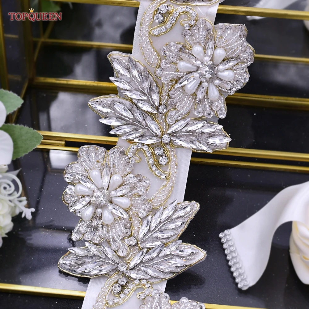 TOPQUEEN S427 Bridal Belt Leaves Flower Rhinestones Belt for Weddings Party Belts for Women Diamond Appliques for Wedding Dress