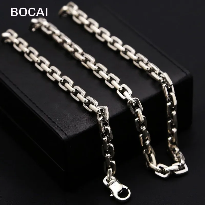 100% real solid S925 pure silver Circle lattice Men Retro Box 7MM Chain Necklace for man Thai Silver  man necklaces