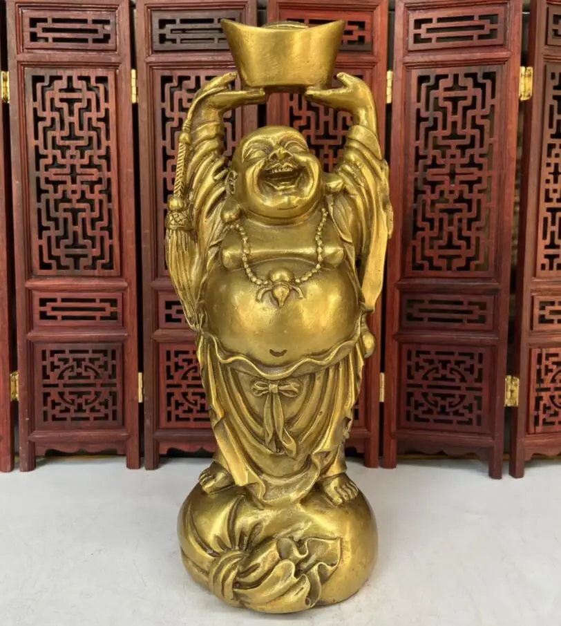 

Seiko brass Maitreya Buddha standing on the cloth bag holding ingots Home decoration crafts statue